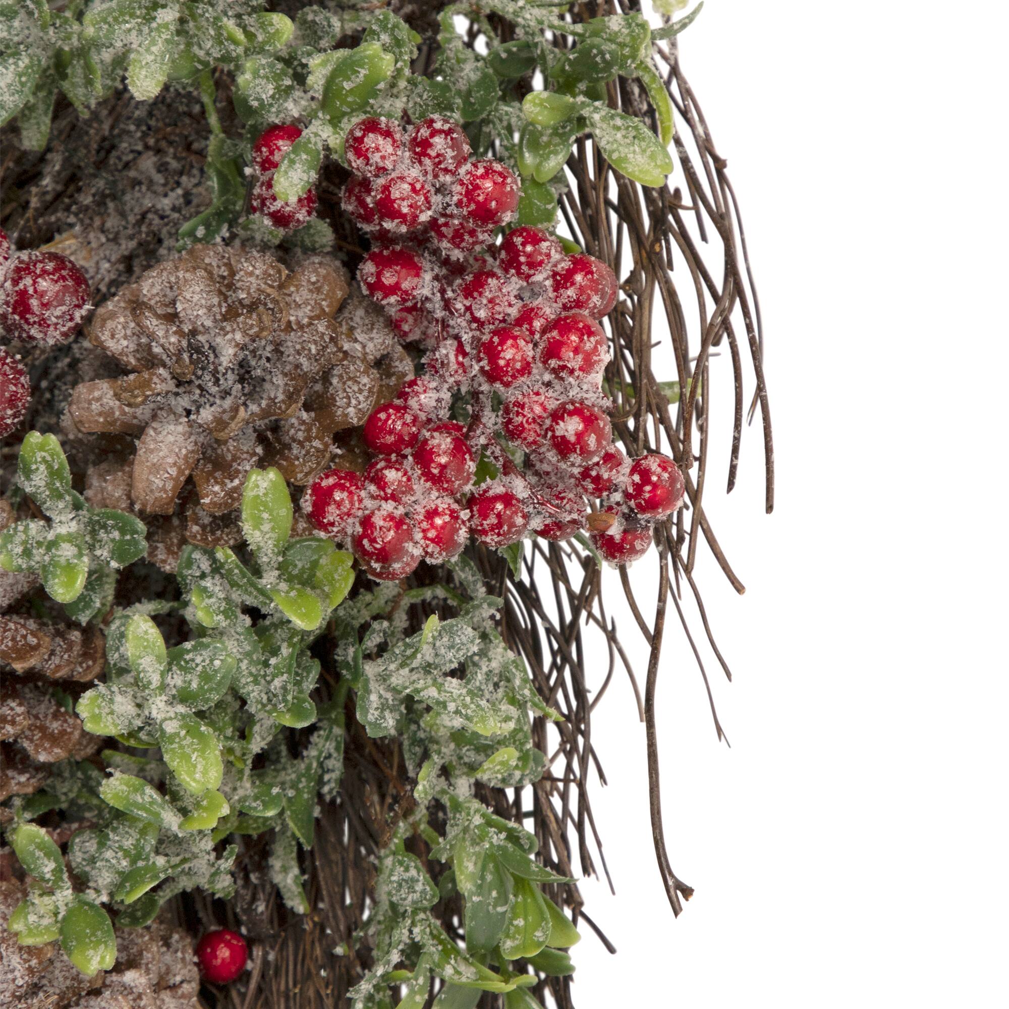 28" Unlit Glittered Boxwood, Pine Cones & Red Berry Teardrop Swag